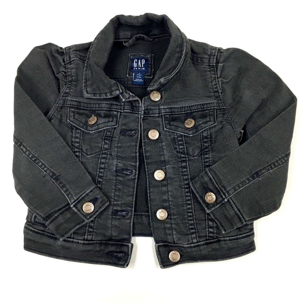 Girls Gap Stretch Puff Sleeve Jean Jacket Size 2 Black Casual Denim